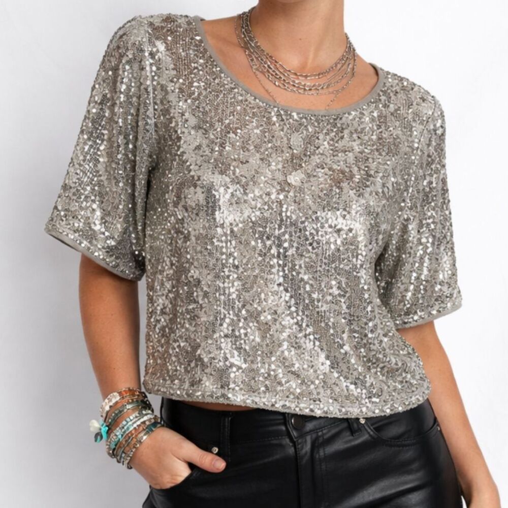 Skies are Blue Silver Sequin Blouse S Disco Glitter Y2K Party Top Sparkly